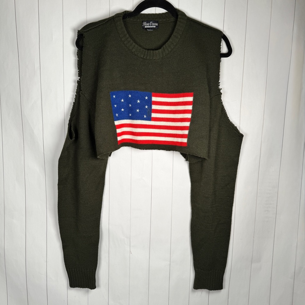 USA Flag Patriotic Cold Shoulder Cropped Sweater Dark Green‎ Festival Hipster XL